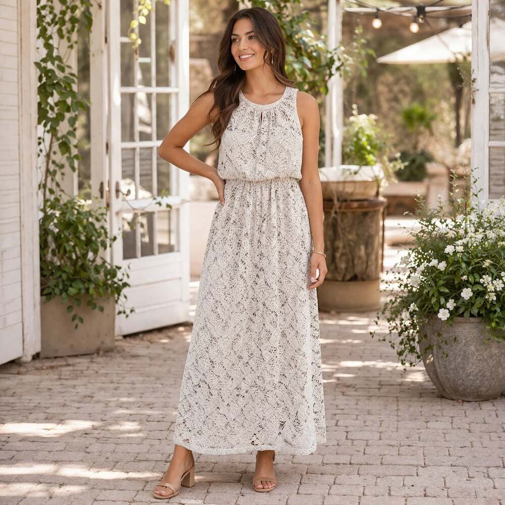 London Times Lace Maxi Dress Beige Sleeveless Formal Wedding Guest Size 8